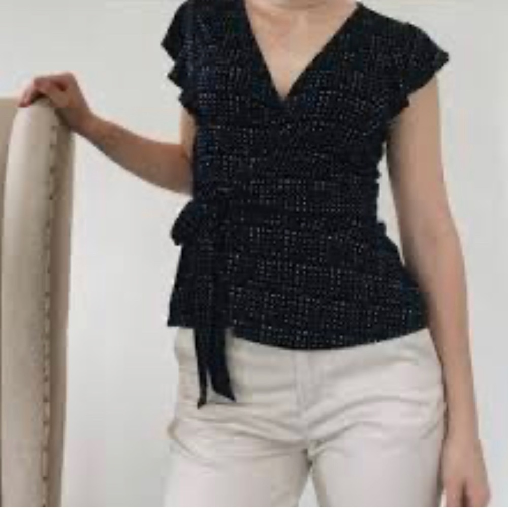 Banana Republic Navy Polka Dot Flutter Sleeve Wrap Top, Size S